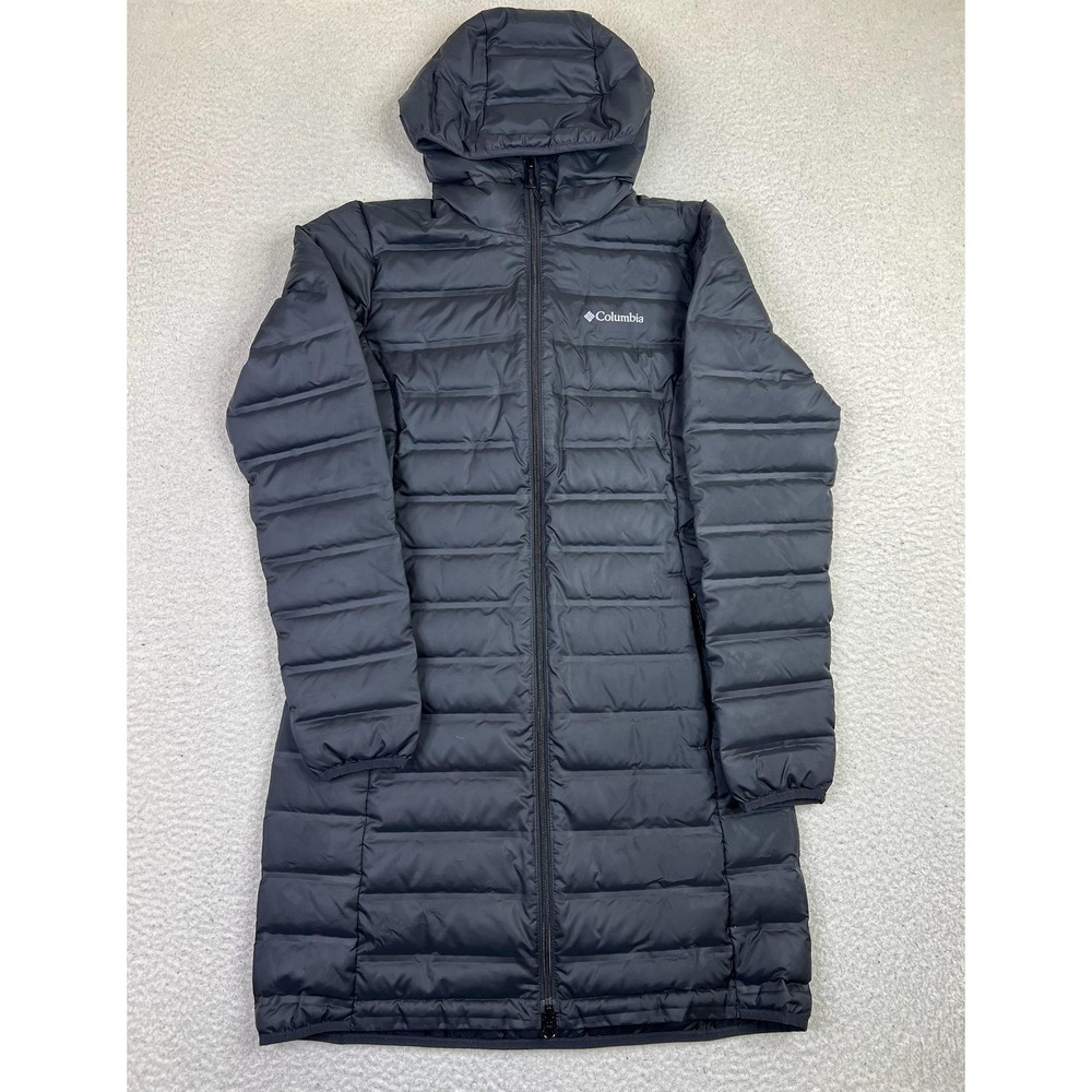 Columbia Coat Womens Small Black Lake 22 Long Hooded Down Jacket 650 FP Warm